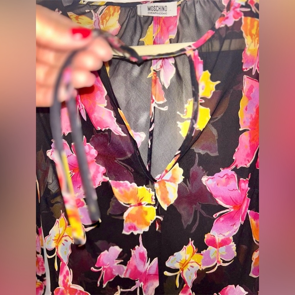 Moschino Y2K | 90s | 2000’s | Butterfly Print Sheer Blouse | Black + Pink - Picture 3 of 8